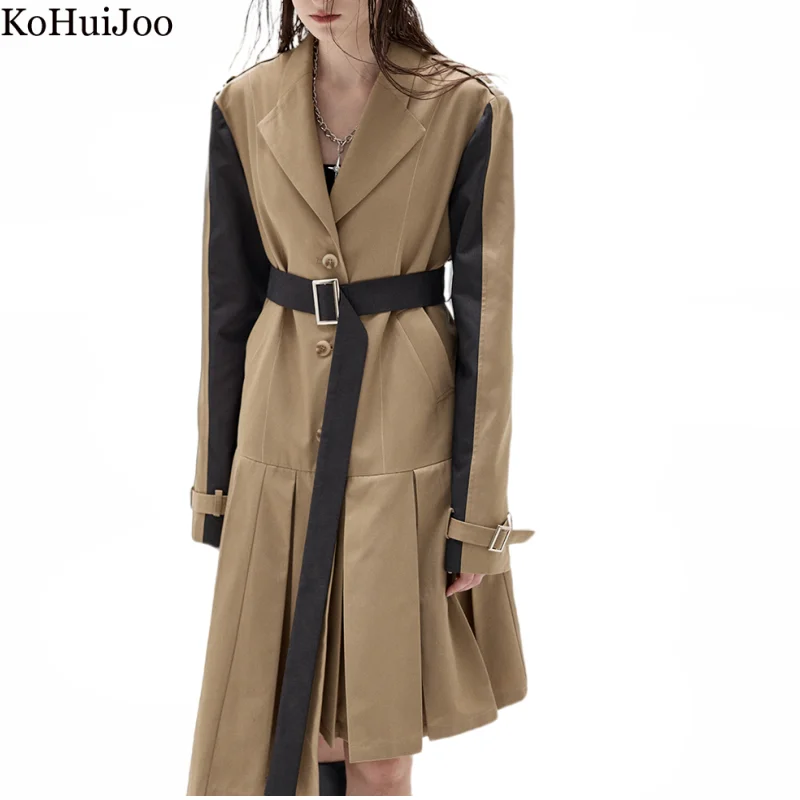 KoHuiJoo Khaki Trench Coats Women 2022 Autumn New Irregular Design Long Sleeve Contrast Color Patchwork Long Windbreaker Belt