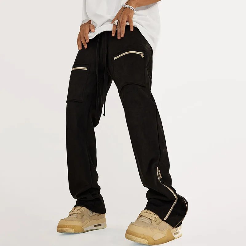 

Men's 2022 Autumn Winter American Vintage Suede Drawstring Trousers High Street Straight Zipper Split Casual Cargo Pants ZH019