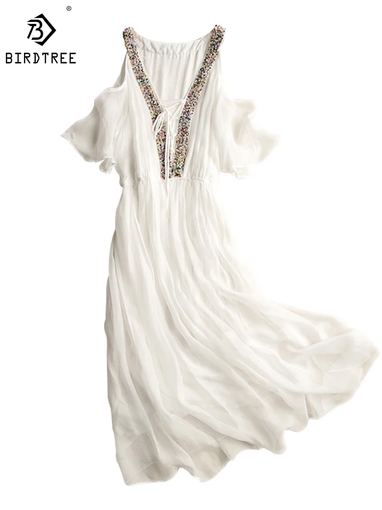 Birdtree Women 100% Natural Silk Dress Beach Elegant Sequin V-neck Holiday White Midi Dresses Hot Free Shipping Summer D36531QM