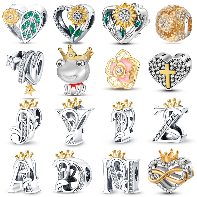 Купи 2023 New Charms Plata De Ley 925 Heart Crown Letter Gold Series Charms Beads Fit Pandora 925 Original Bracelets DIY Jewelry Gift за 184 рублей в магазине AliExpress