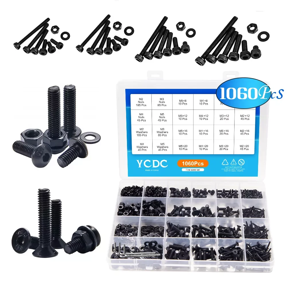

NEW Set Flat Round Cap Bolts and Nuts M2 M3 M4 M5 Hex Socket Screw Assortment Box Head Bolts Carbon Steel Kit with Storage