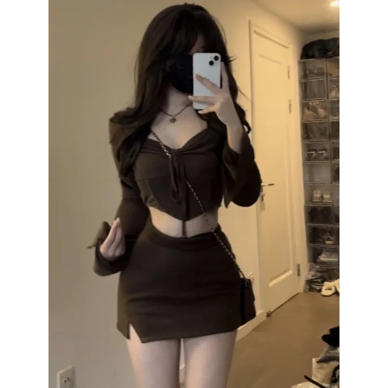 Женский топ с длинным рукавом юбка высокой талией и квадратным вырезом