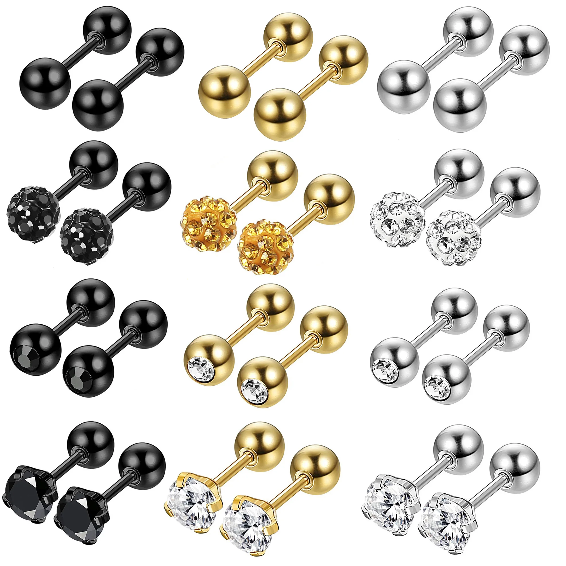 

4 Pairs Stainless Steel Ball Stud Earrings for Men Women CZ Cartilage Helix Ear Piercing Jewelry Set