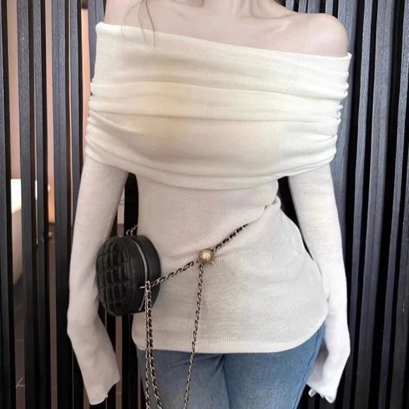 Облегающий Женский вязаный свитер с открытым плечом женские пуловеры белая