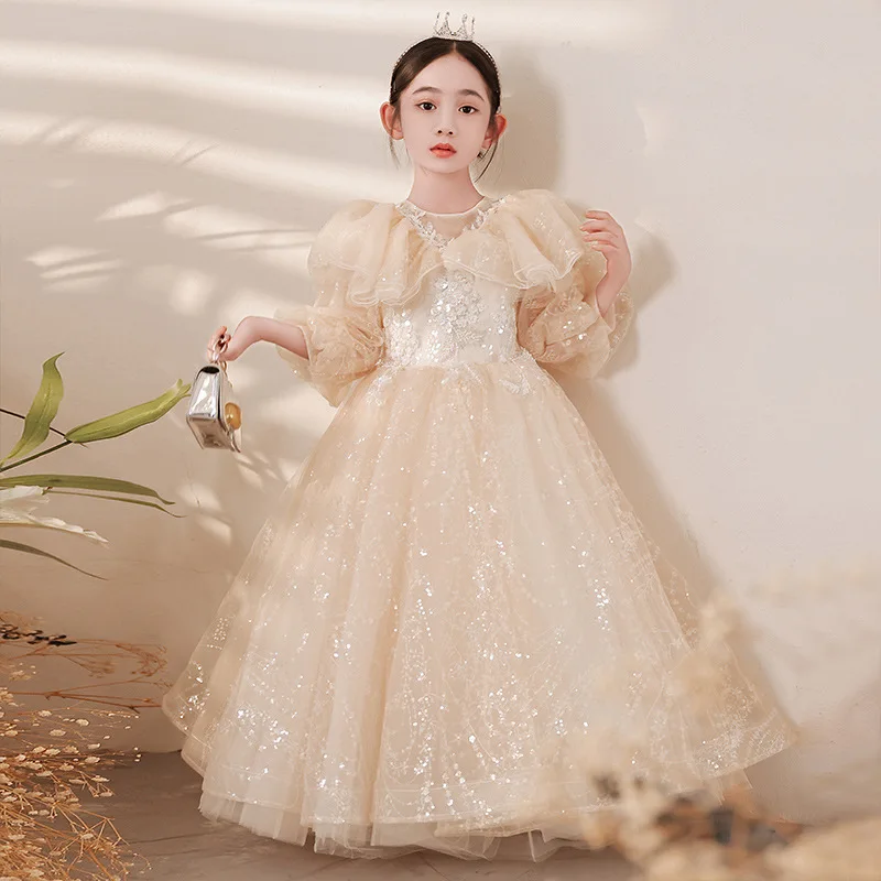 Children Pageant Ball Gown Girl Flower Wedding Sequins Dresses for Kids Piano Performance Vestidos Girls First Communion Dress