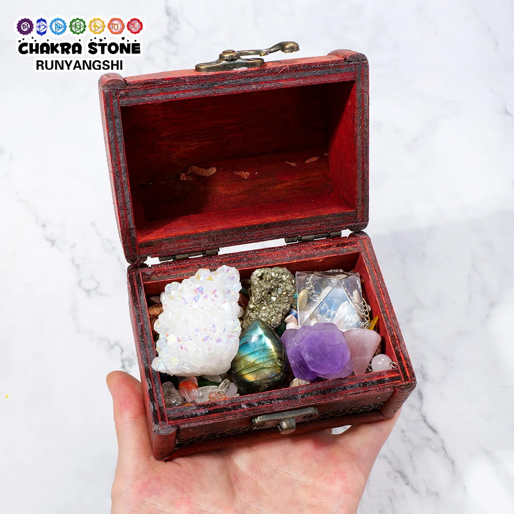 

Natural Healing Colorful Gravels Crystals Treasure Chest Reiki Rose Quartz Pendulum Amethyst Gem Collection Meditation Gift Box