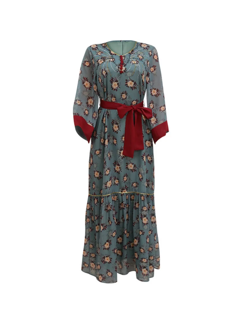 Muslim Dubai Chiffon Print Belt Eid Women Dress Abaya Party Dresses Ramadan Abayas Caftan Kaftan Elegant Vestidos Arab Turkey
