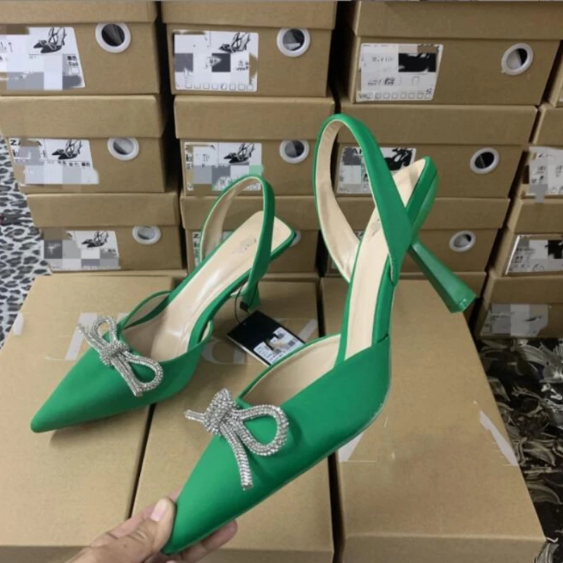 

2022 New Pointed Toe Women Sandals Female Flock Butterfly Knot Crystal Shoes Shallow Thin High Heel Sexy Plus Size Ladies Pumps