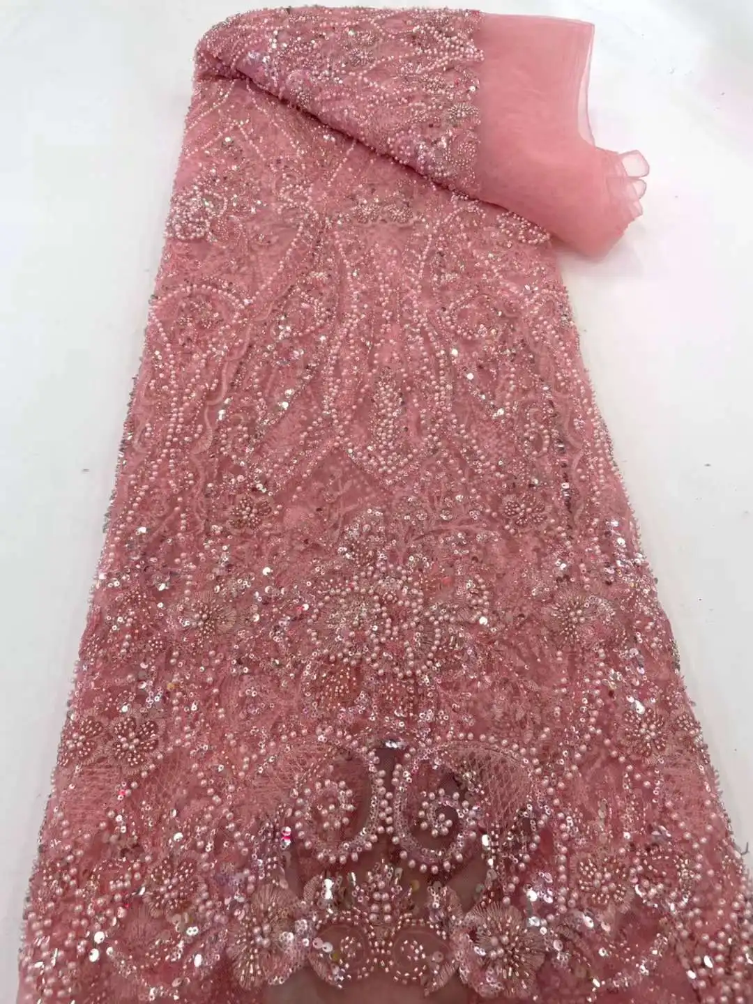 Nigerian French Sequins Lace Fabric Hot Sale Handmade 2022 Embroidered African Beaded Net Mesh Lace Fabric For Women Dress 2 Nigerian French Sequins Lace Fabric Hot Sale Handmade 2022 Embroidered African Beaded Net Mesh Lace Fabric For Women Dress 2