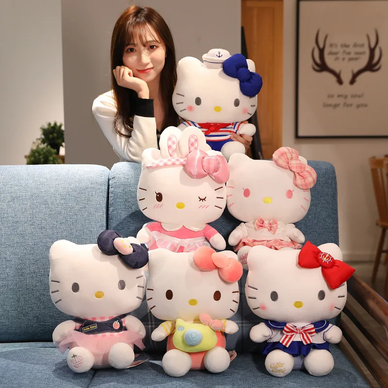 

Hello Kitty Kawaii Stuffed Doll Cartoon Cute Plushie Girl Sitting Navy Pillow Cushion Series About Holiday Birthday Gift