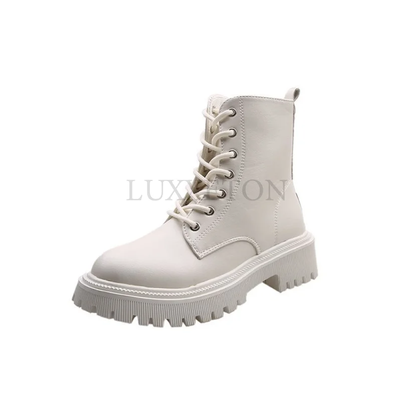 High Heeled Motorcycle Boots Flat Bottomed Women's Winter Slope Platform PU Leather Lace Up Black Fashion Shoes