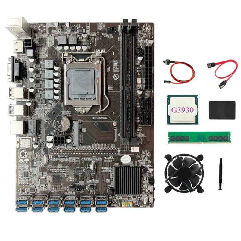 

B250C BTC Mining Motherboard LGA1151 DDR4 8GB 2666Mhz RAM+G3930 CPU+Cooling Fan+SSD 128G 12XPCIE To USB3.0 Slot