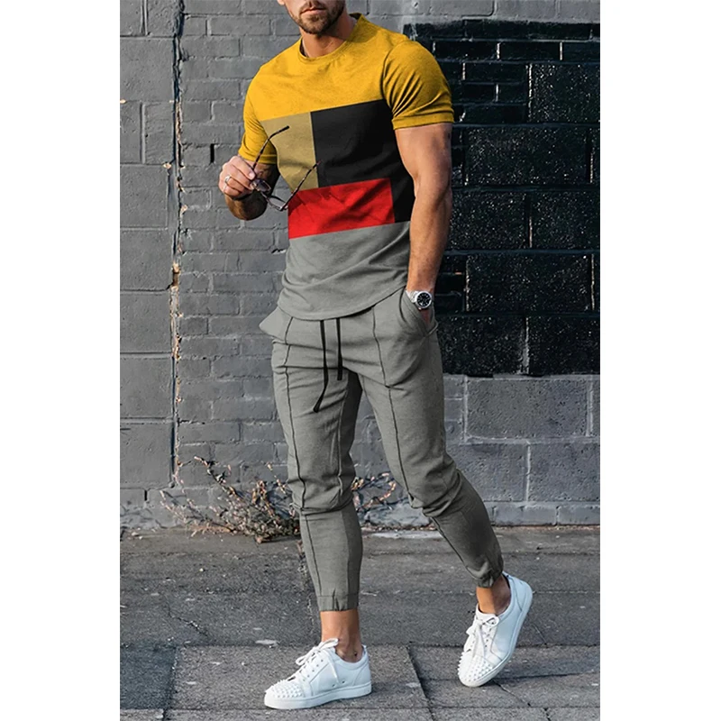 Summer Men's T-shirt Long Pants Tracksuit Geometry 3D Print T Shirts Trousers Set 2 Pieces Streetwear Oversized Suits Sportswear