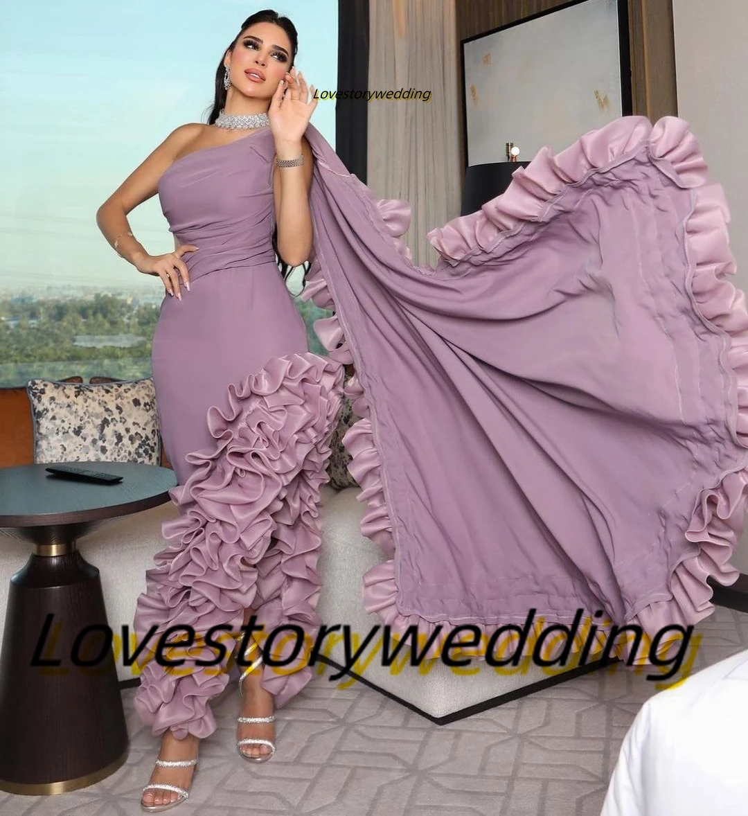 

Lovestory Ruffles Side Slit Mermaid Prom Dresses One Shoulder Flutters Robe Des Marrige Saudi Arabia Women Formal Party Evening