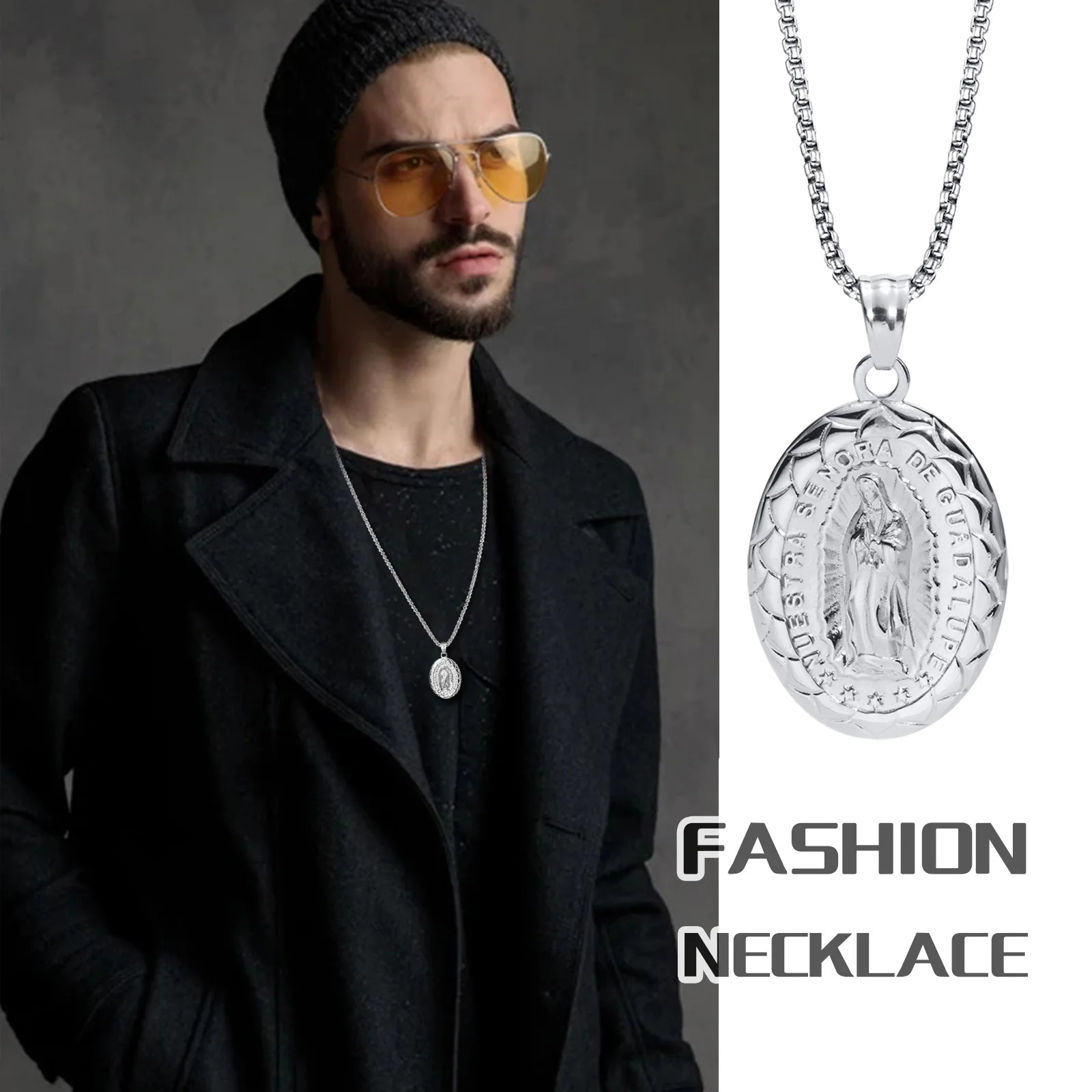 

Men Virgin Mary Religious Necklaces,Stainless Steel The Mother of Christ Pendant with Box Chain, Neck Collar Prayer Jewelry