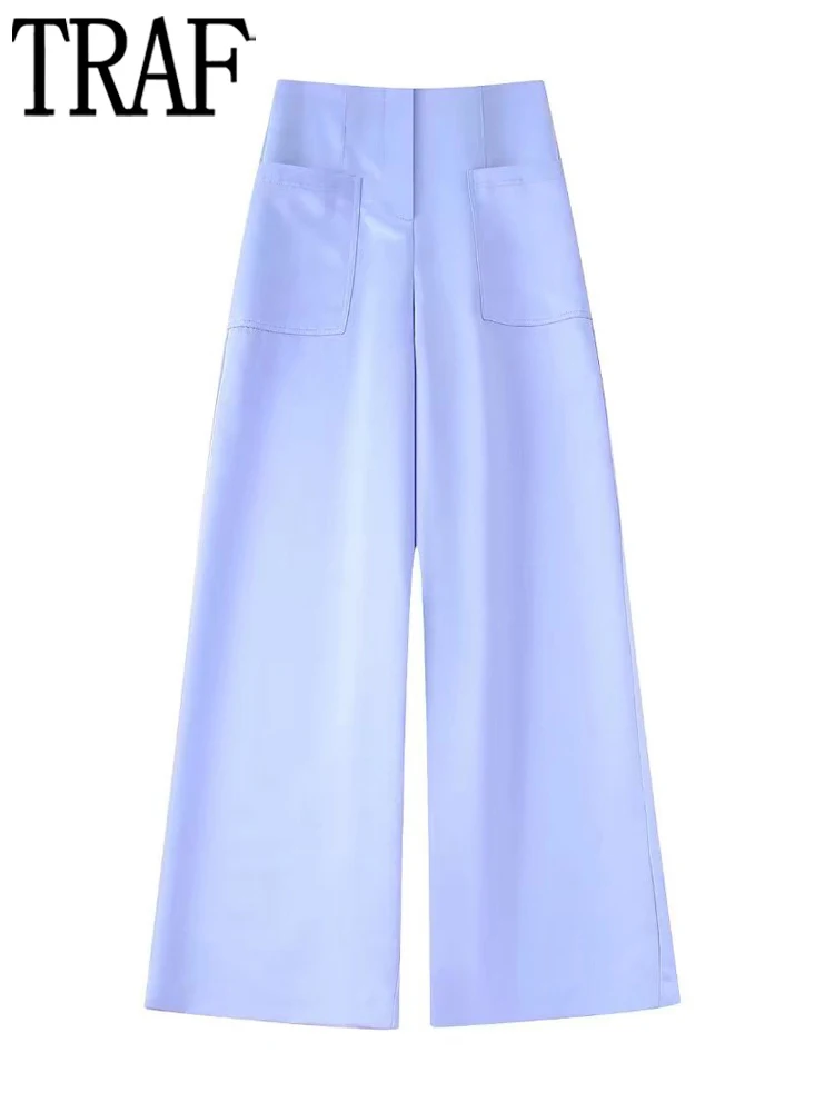 

TRAF Women's Blue Pants Korean Fashion Wide Leg Woman Trousers Summer Casual High Waist Pants For Women Baggy Satin Trousers