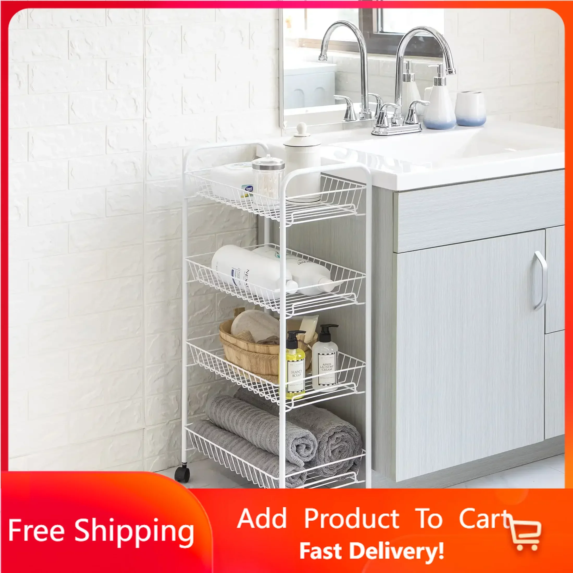 

4-Shelf Steel Laundry Cart with Caster Wheels, White, Adult, Senior and Teen Age Groups Rapid Transit Free Shipping