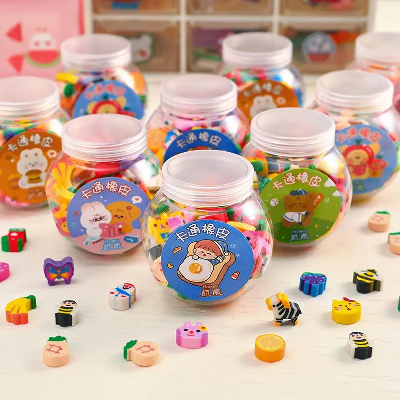 

50pcs/box Kawaii Animal Fruits Pencil Eraser Bottled Mini Eraser for Student Prizes Promotional Gift Stationery Erasers for Kids