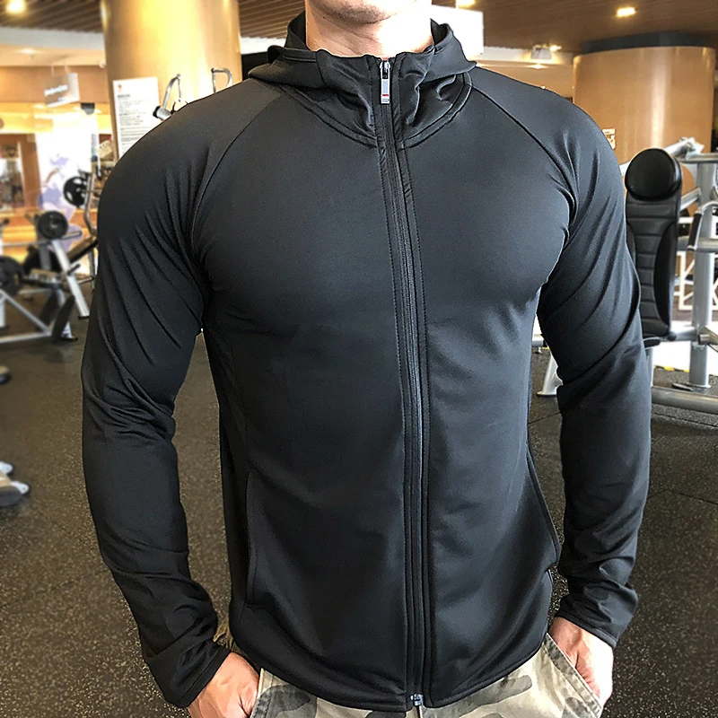 

Men Running Training Jackets Loosed Elastic Breathable Hooded Quick Dry Long Sleeve Hoodies Male Basketball Gym Casual Sportwear