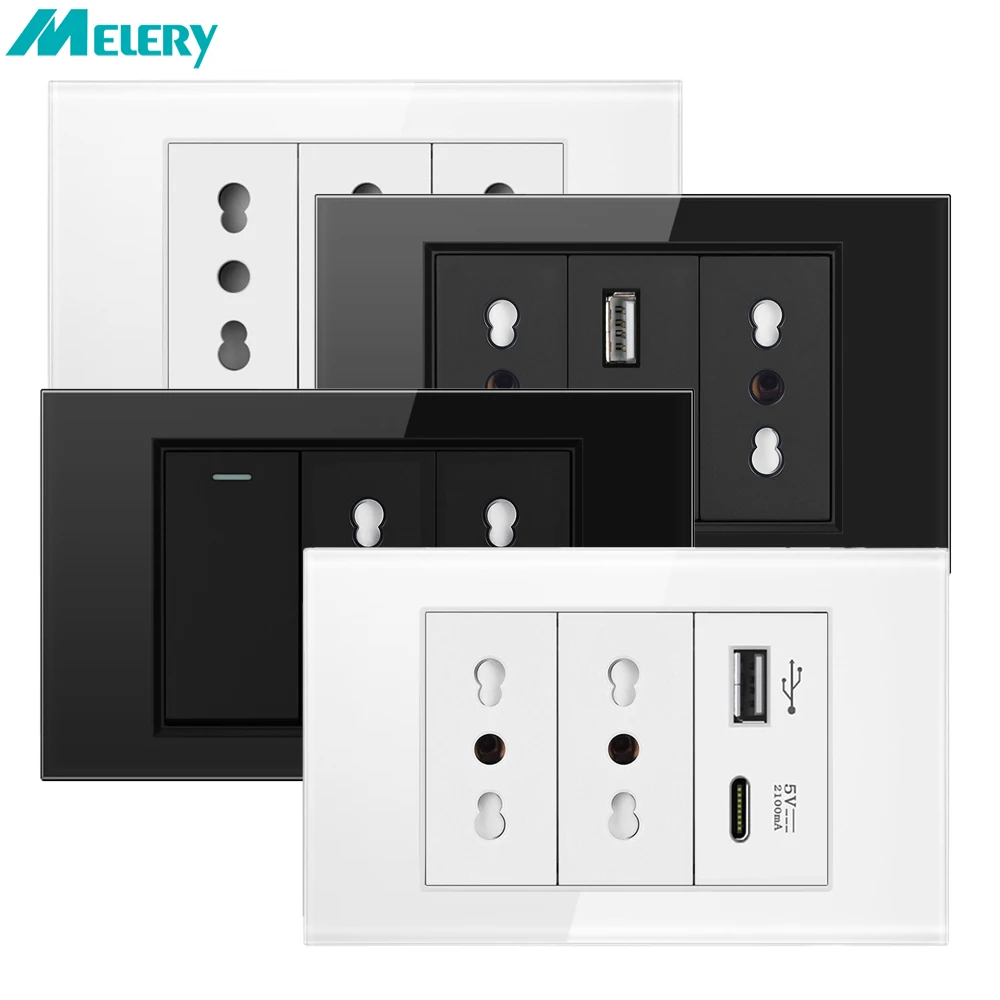 

Italy Switch USB Wall Socket Type C 16A Chile Plug Glass/Plastic Panel Rectangle Chilean Outlet EU Power Tempered Home Office