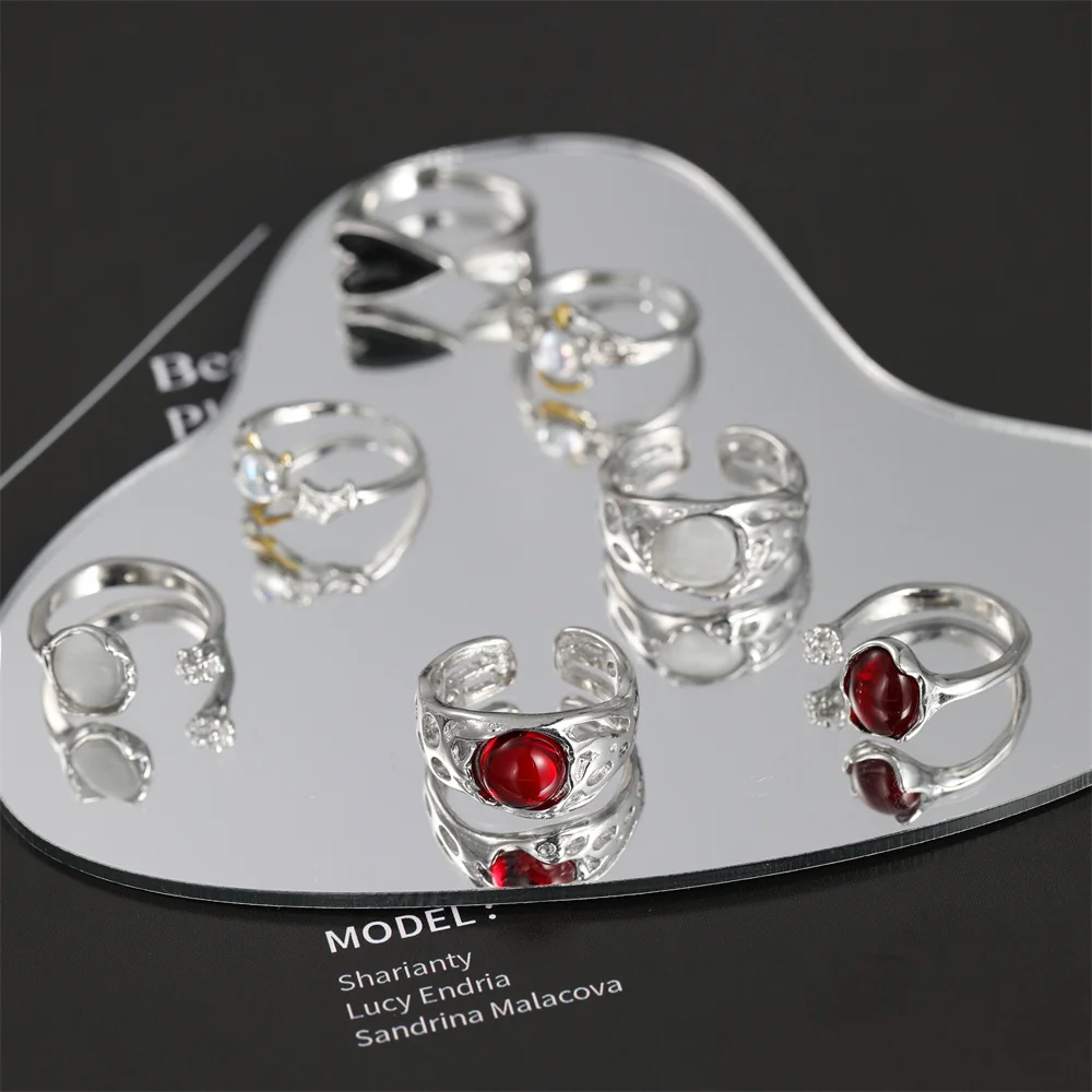 

Kpop Irregular Open Ring With Opal Aesthetic Egirl Hollow Gothic Red Stone Ring For Women Silver Color Y2K Trendy Finger Jewelry