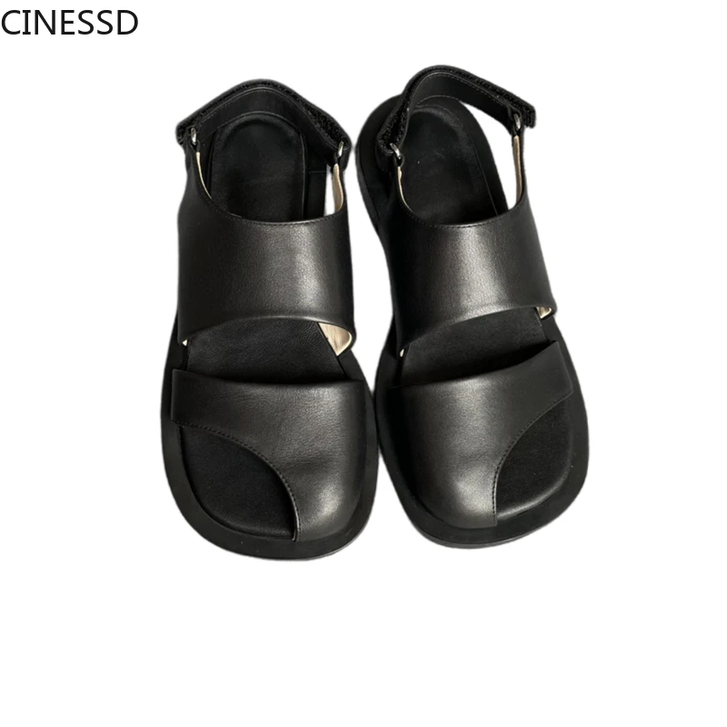 

Women Sheepskin Leather Half Cover Toe Sandals Rome Style Summer Flats Real Genuine Leather Hook and Loop Closure Shoes