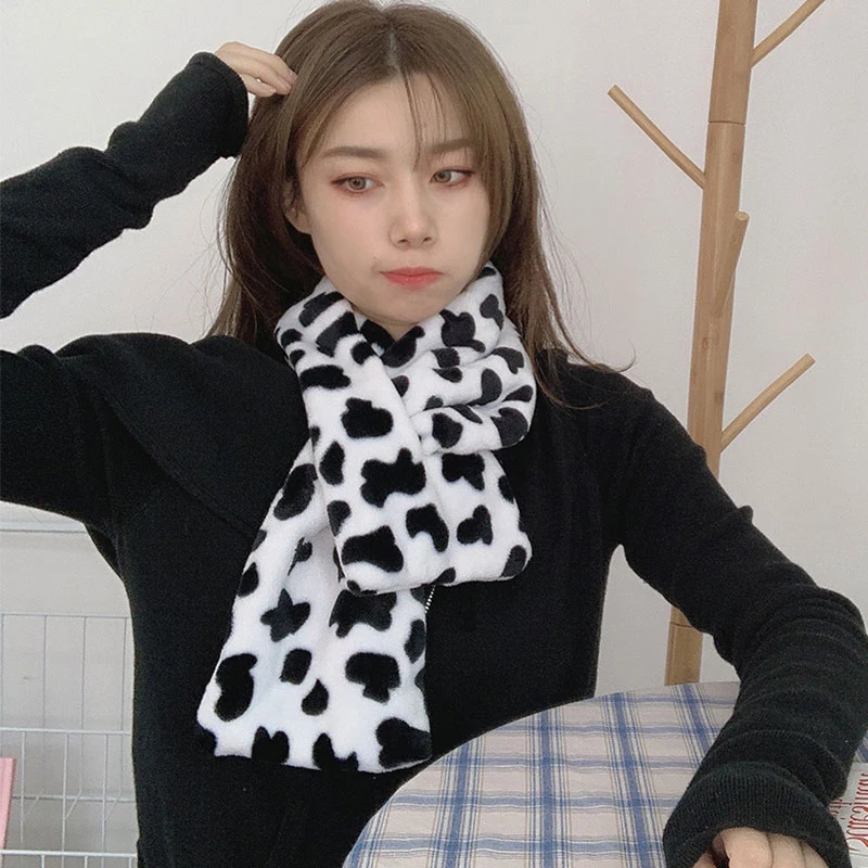 

Cross Scarves Plush Scarf Black And White Cow Spots Print Winter Warm Shawl Wraps Imitation Fur Collar Scarf Furry Neck Warmer