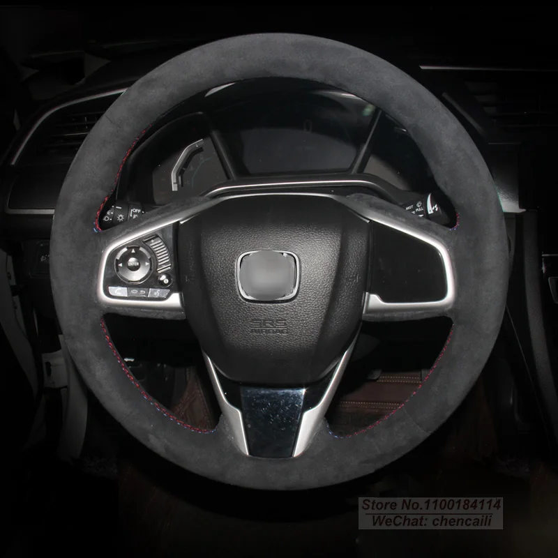 

DIY Customized Black Suede Car Steering Wheel Cover Grip On Wrap For Honda Civic 10th CRV CR-V