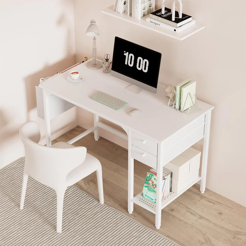 Lufeiya White Small Desk with Drawers - 40 Inch Computer Desk for Small Space Home Office Modern