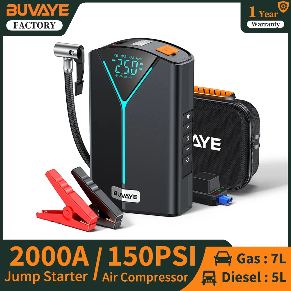 BUVAYE 2000A Jump Starter 10000 мАч Power Bank с воздушным компрессором 150PSI 12 В Box Усилитель батареи