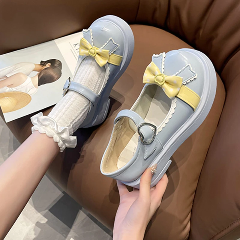 

Sweet Bowknot Platform Lolita Shoes Women Mix Color Heels Mary Janes Shoes Woman PU Leather Thick Bottom Flats