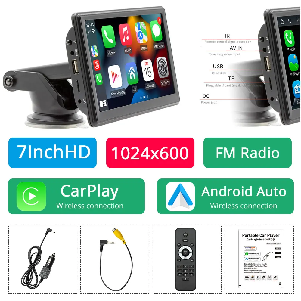 

Портативный 7-дюймовый автомобильный радиоприемник, мультимедийный видеоплеер, беспроводной Android Auto Carplay, MP5, стерео IPS-экран, Bluetooth, камера заднего вида