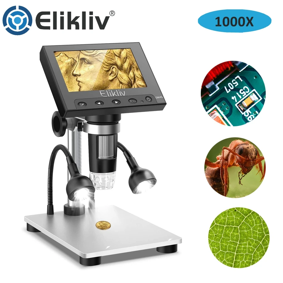 

Elikliv LED Digital Microscope For Adults Kids 50-1000X USB Soldering Microscope Metal Stand Support PC Windows Mac Video Photo