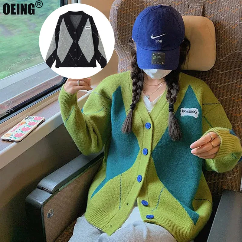 

Geometric Printed Loose Winter V-Neck Vintage School Warm Knit Sweaters for Women Fashion 2022 Young Style Long Sleeve Jacket