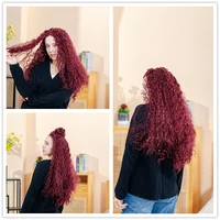 180%density 26inch long kinky curly wine red lace front wig middle part natural hairline with baby hair for black women summer