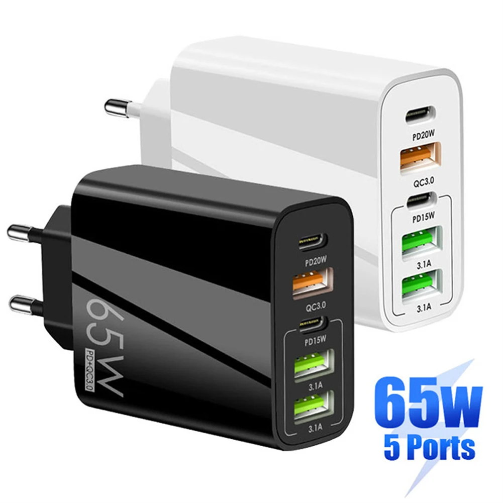 

5 Ports Mobile Phone Chargers PD Type-C + QC3.0 USB + 3.1A USB 65W Phone Charger Adapter Travel Office Home for Xiaomi iPhone 14