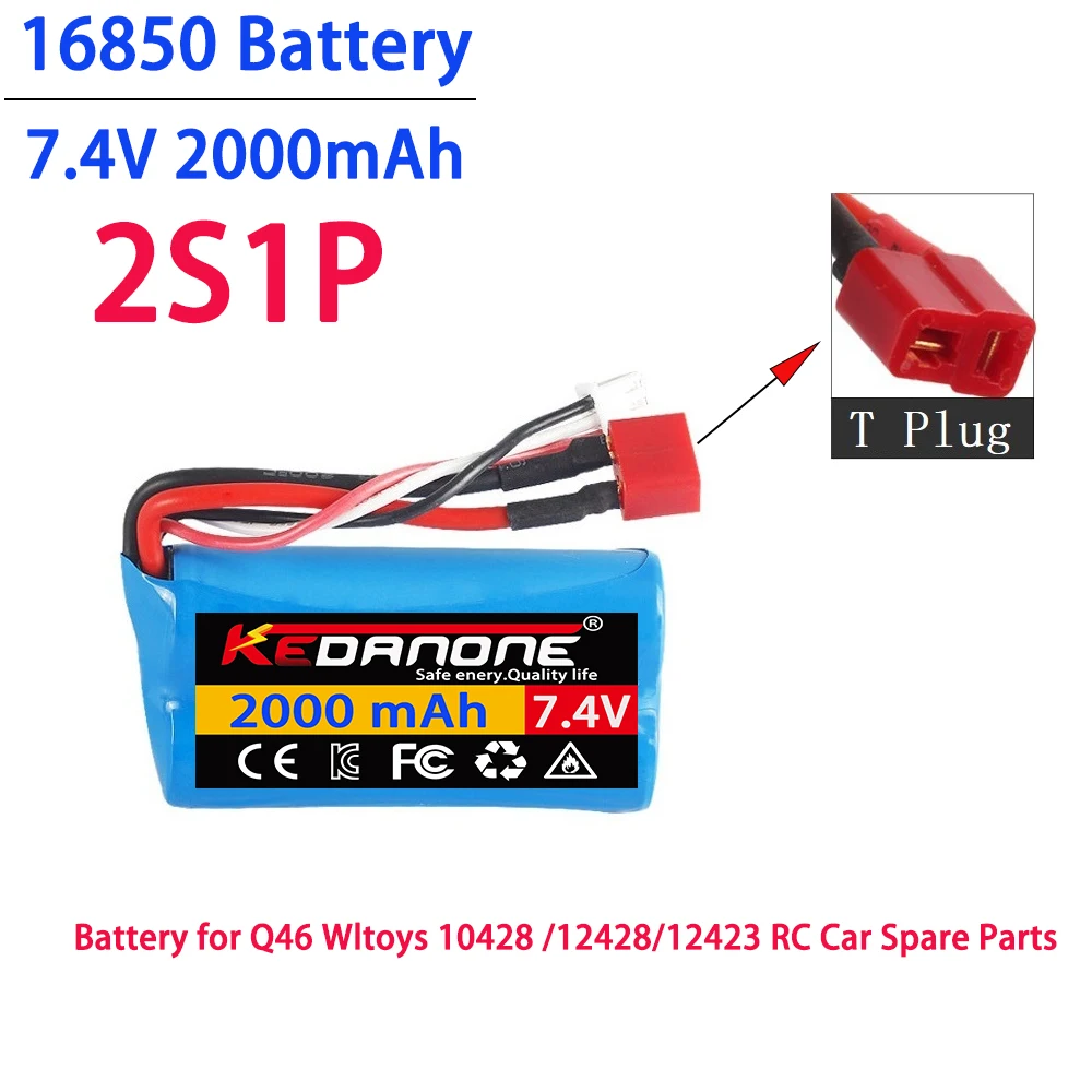 

18650 rechargeablelipo Battery 7.4V 2Ah 2000mAh for Q46 Wltoys 10428 /12428/12423 RC Car Spare Accessories 2S T Plug