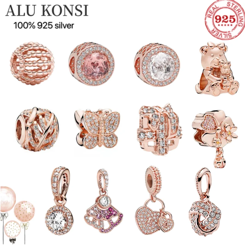 

100% 925 Sterling Silver butterfly Heart-shaped Maple Leaf Rose Gold pan beads Fit Original Bracelet Making Fashion DIY Jewelry