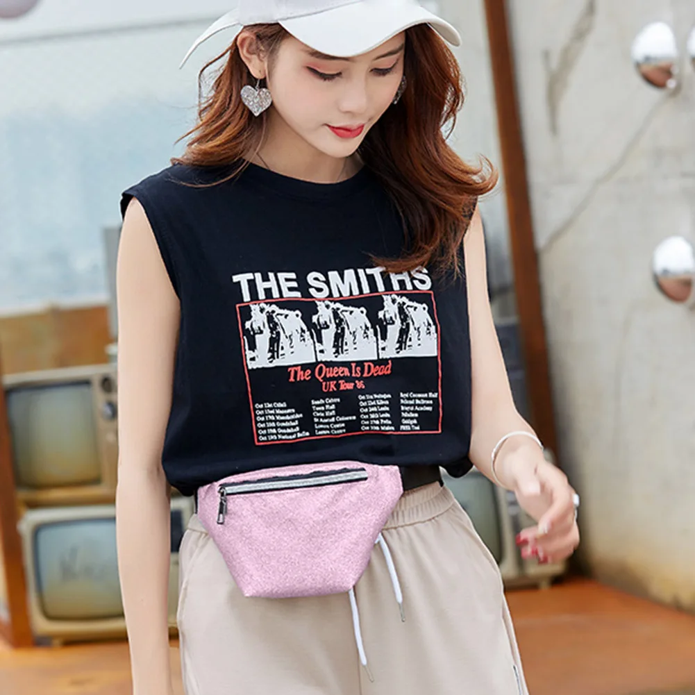 

Women Chest Shoulder Bag Glitter Sequins PU Leather Zipper Single Layer Waist Packs Adjustable Belt Messenger Bags