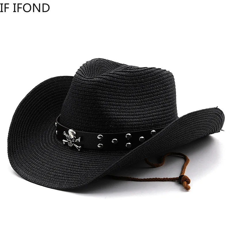 Fashion Punk Brand Men Western Cowboy Hat Summer Straw Beach Hats Panama Cowgirl Jazz Sun Cap gorros hombre