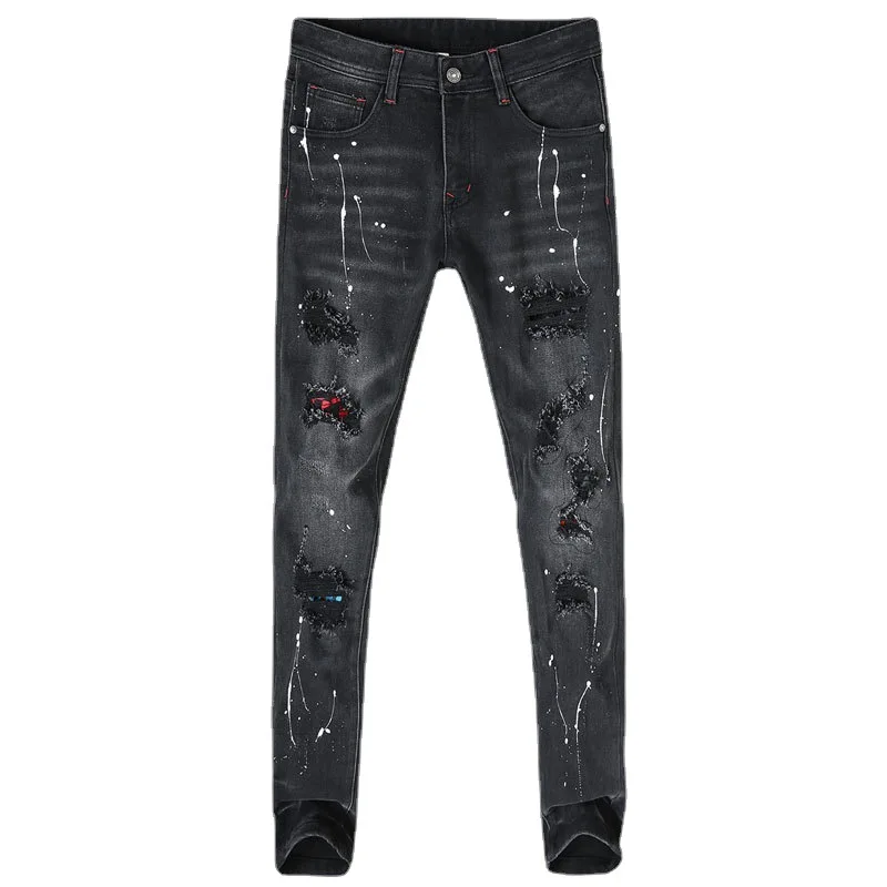 High Street Fashion Men Jeans Retro Black Gray Stretch Painted Skinny Ripped Jeans Men Patched Designer Hip Hop Pants Hombre