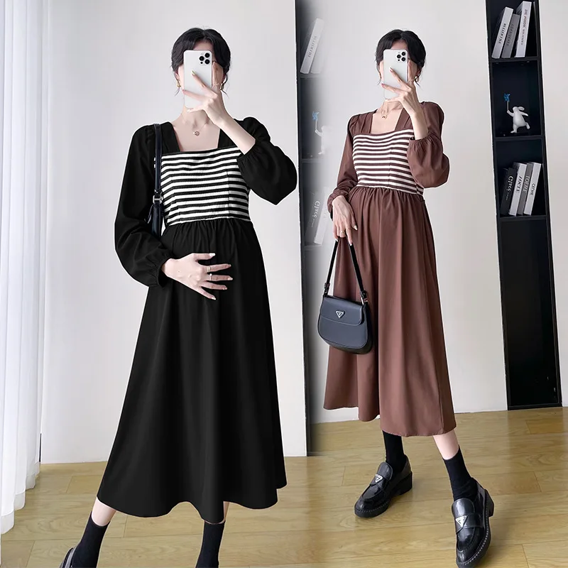 

Autumn Korean Fashion Maternity Dress Knitted Stripe Spliced High Waist Long Sleeve Clothes for Pregnant Women Sweet Pregnancy