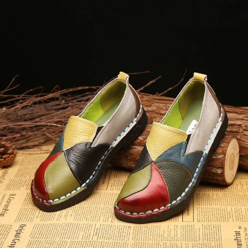 Women Loafers Patches Stitching Flat Shoes Woman Summer Flats Soft Candy Colors Genuine Leather Moccasins Loafers 2022 New