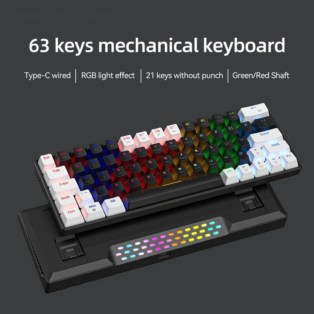 Mechanical Keyboard 63 Keys Blue /Red Switch Cooling RGB Backlit Keypad USB-C Wired 60% Layout Compact Ergonomic Gaming Keyboard