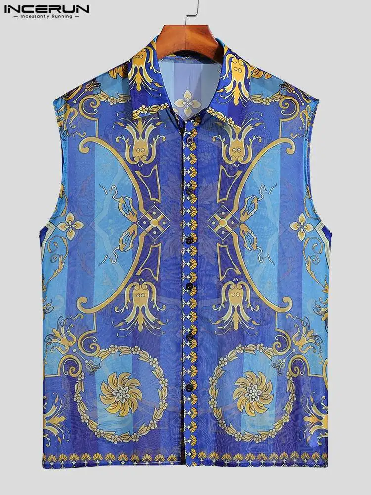 American Style New Men's Ethnic Printing Pattern Blouse Casual Male Loose See-through Sleeveless Shirts S-5XL INCERUN Tops 2022