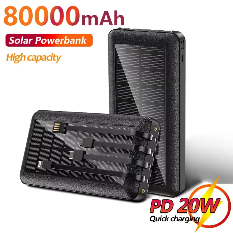 

NEW2023 80000mAh Solar Power Bank Fast Charger External Battery with Charger Cable Portable Charger Poverbank for Xiaomi Samsung
