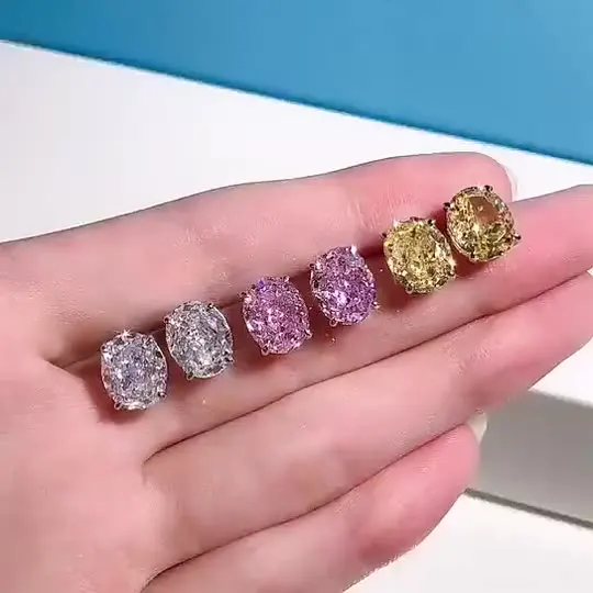 

2021 new s925 sterling silver earrings ice flower cut earrings round 8*10 claw set simple and versatile 5A zircon jewelry