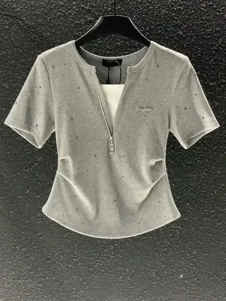 Новинка лета 2024 женский серый пуловер из двух частей с имитацией на молнии