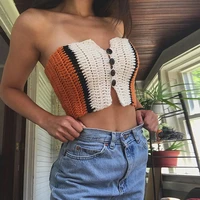 women sexy knitted vest fashion contrasting color button closure design slim fit breathable navel cropped tops
