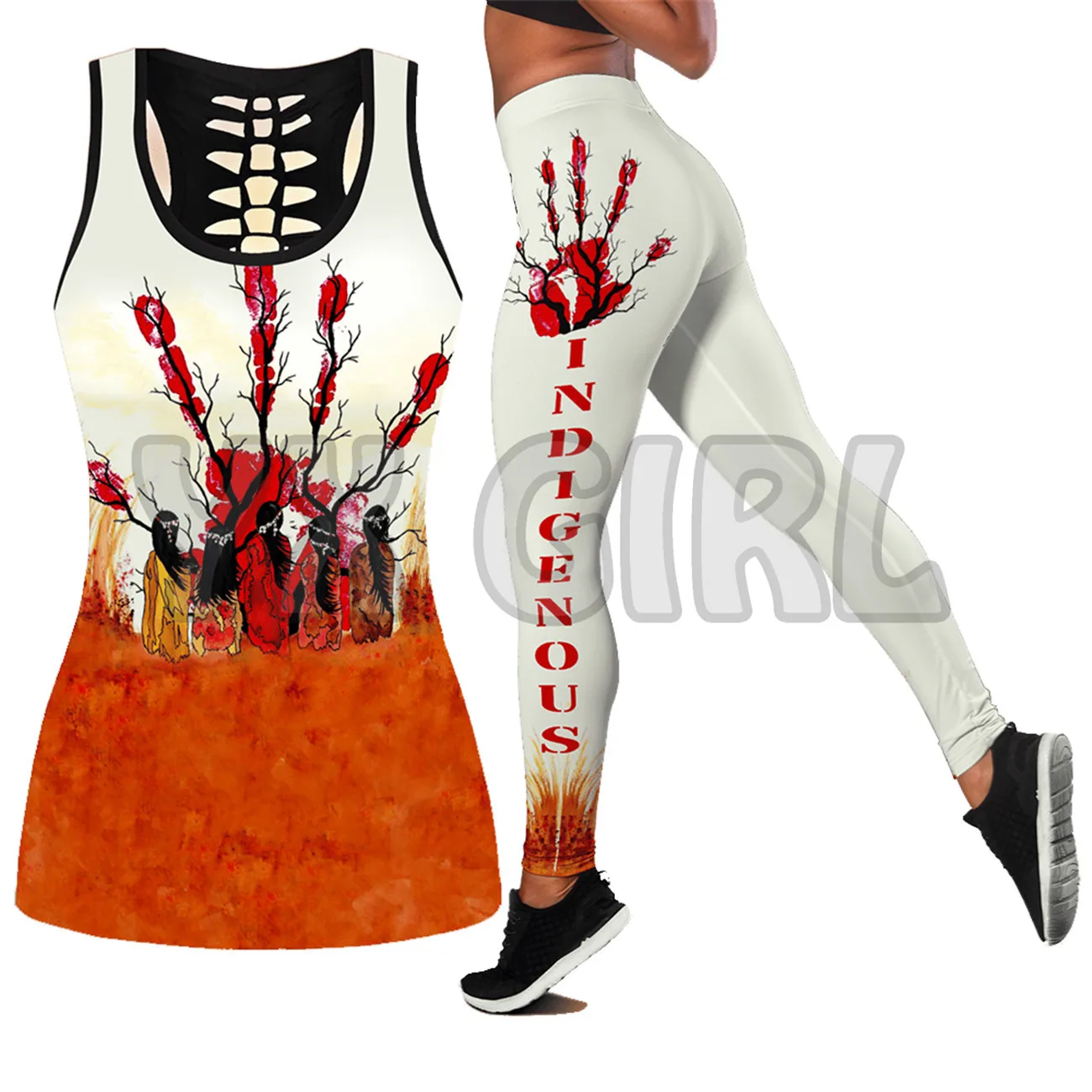 Red Indiginous Native Inhabitant 3D Printed Tank Top+Legging Combo Outfit Yoga Fitness Legging Women
